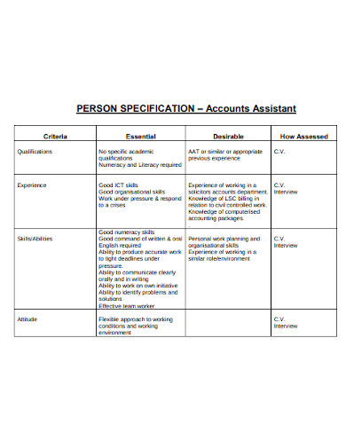 accounts assistant personnel specification