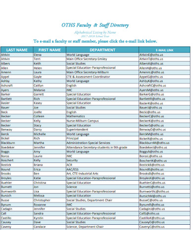 alphabetical list of staff and faculty directory