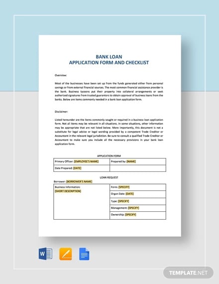 bank loan application form and checklist for restaurant template