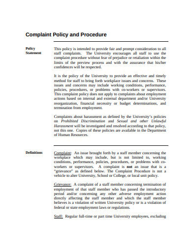 basic internal complaint policy and procedure template