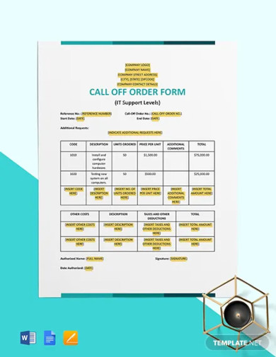 call off order form it support levels template