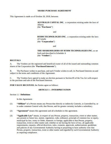 capital share purchase agreement template