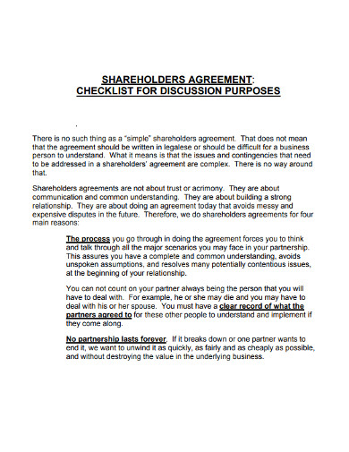 checklist partnership shareholder agreement