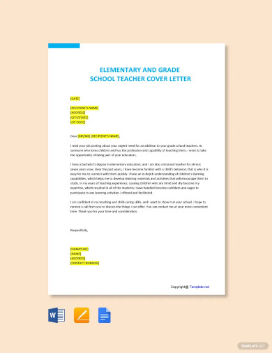 elementary and grade school teacher cover letter template