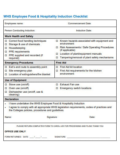 employee food hospitality induction checklist