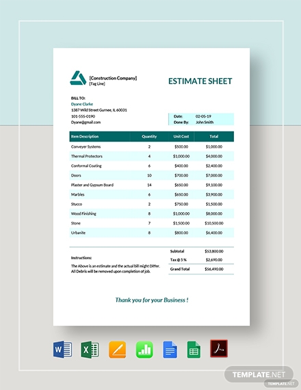 estimate sheet