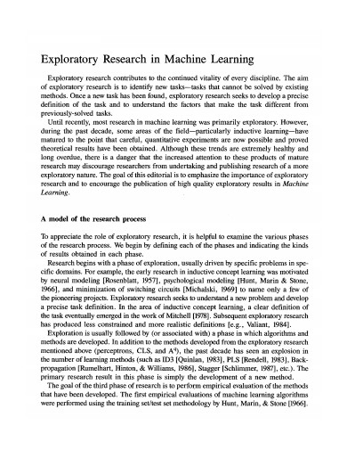 exploratory research in machine learning