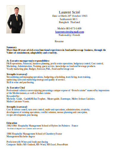 food and baverage manager resume in doc