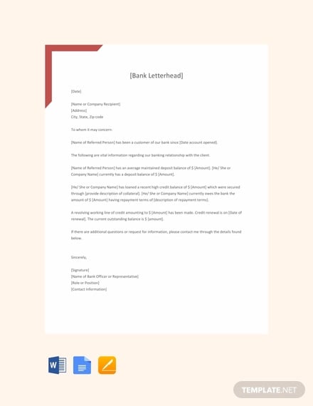 free bank reference letter template