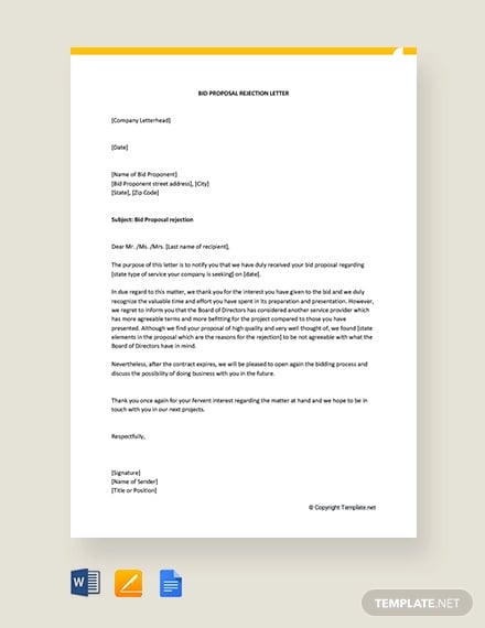 free bid proposal rejection letter