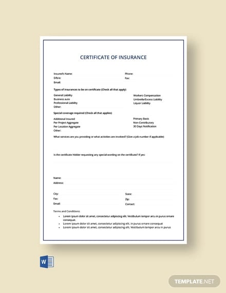 Insurance Certificate Template 10 Free Word Pdf Documents Download Free Premium Templates