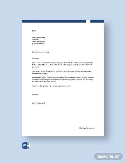 free commercial banking cover letter