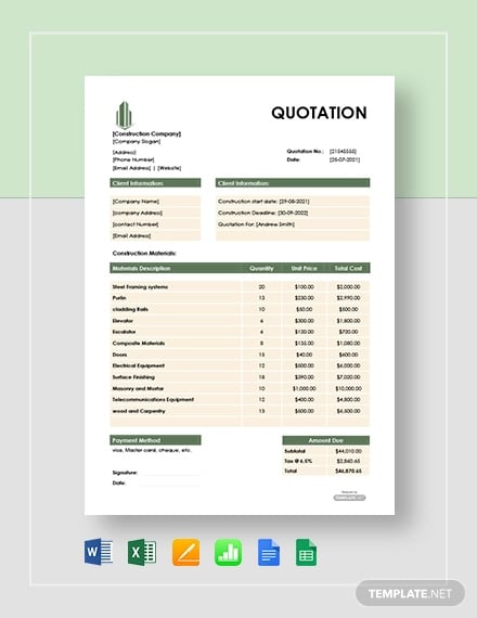 free construction material quotation template