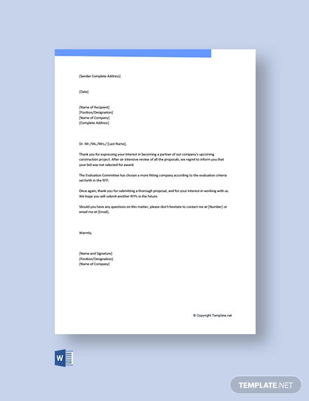 free rfp proposal rejection letter