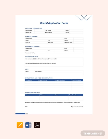 free rental application form template