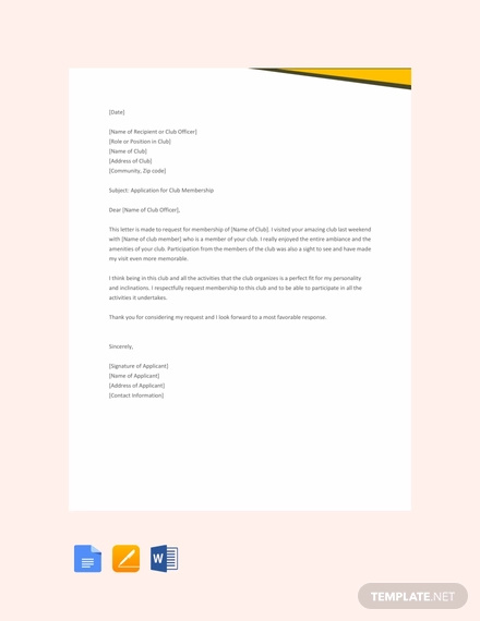 free sample application letter for club membership template
