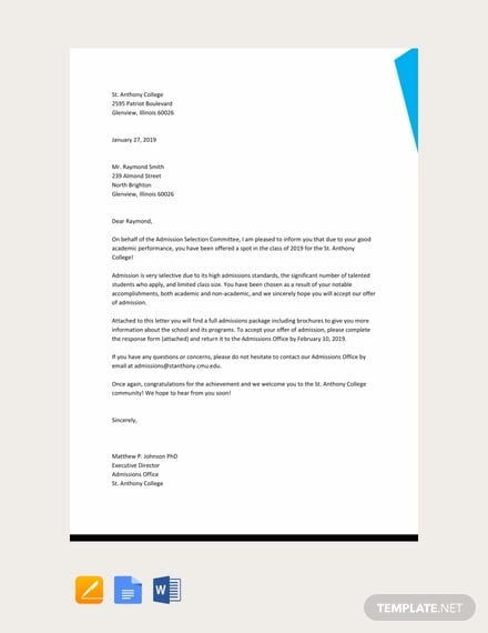 free sample offer of admission letter template