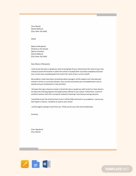 free school admission letter template