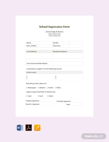 free school registration form template