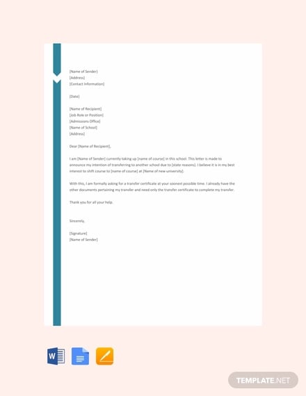 free school transfer request letter template