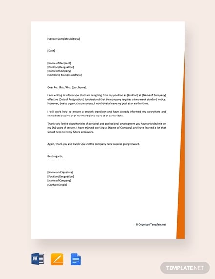 free short notice resignation letter
