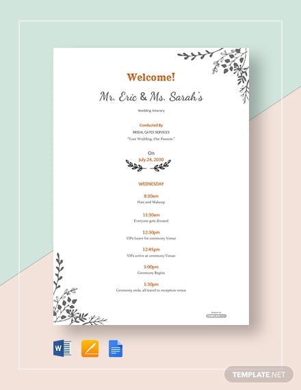 free simple wedding itinerary template