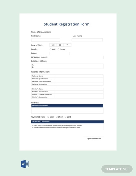 Student Registration Form Template Free Download