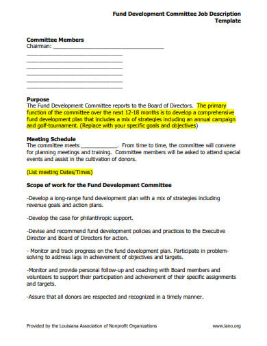 fund development committee job description