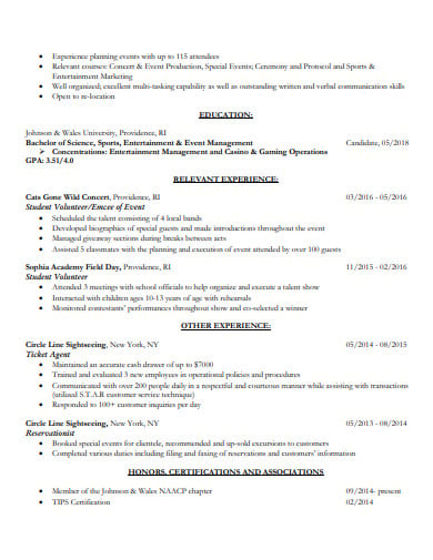 hospitality management student resume template