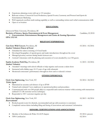 Hospitality Management Student Resume Sample