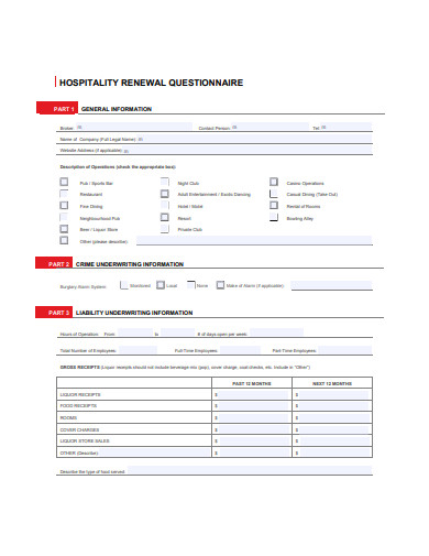 hospitality renewal questionnaire example