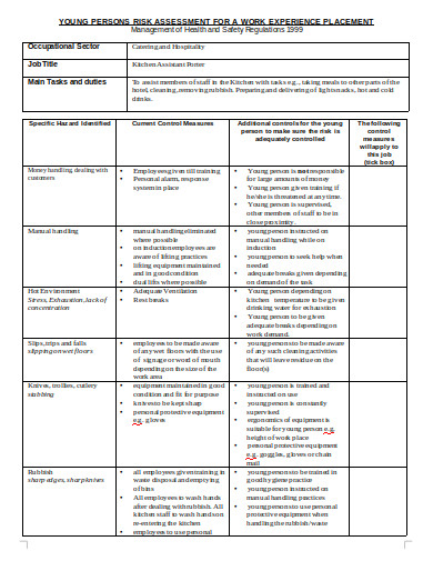 hospitality young person risk assessment