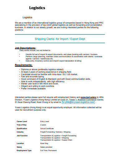 import and export logistics job description