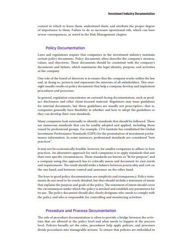 investment industry policy documentation