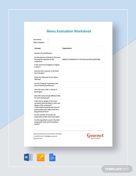 menu evaluation worksheet template