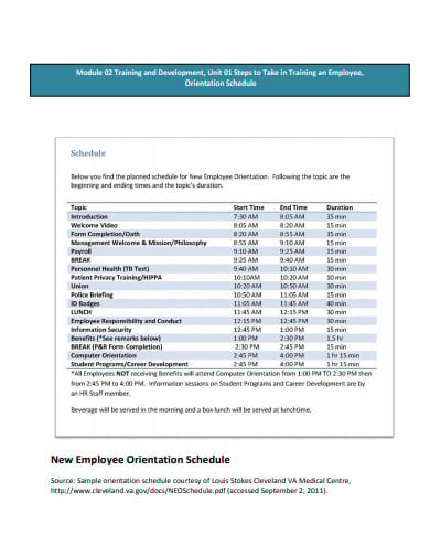 new employee orientation schedule template
