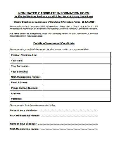 nominated candidate information form template