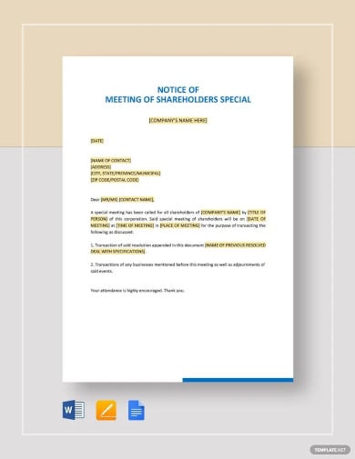notice of meeting of shareholders special template