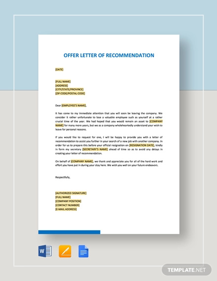 offer letter of recommendation template