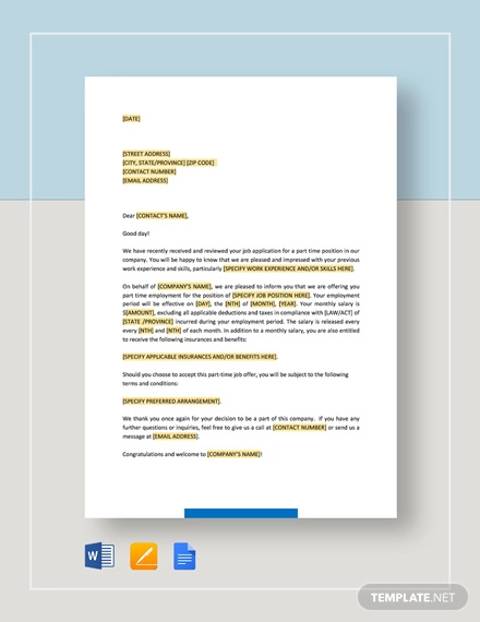 part time employment offer letter template