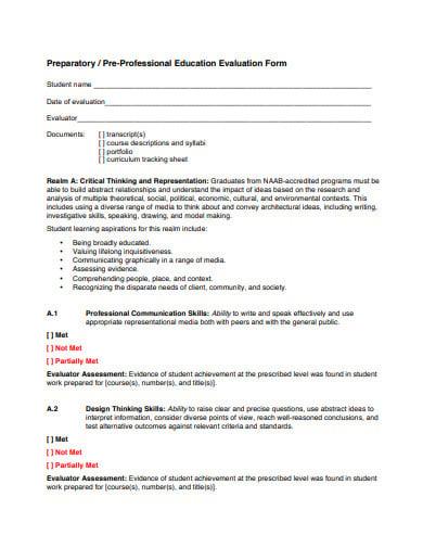 pre professional education evaluation tracking form sheet