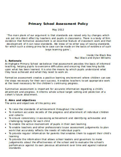 primary school objective assessment