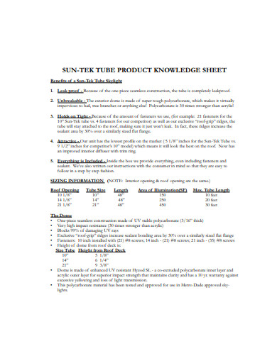product knowledge sheet template