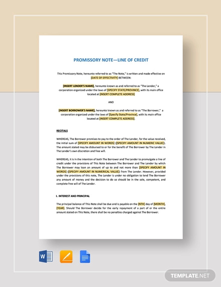 promissory note line of credit template