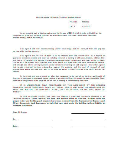 repurchase of improvement agreement template