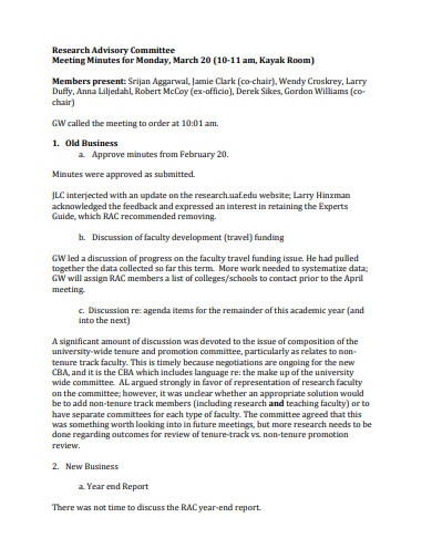 research advisory committee meeting minutes template