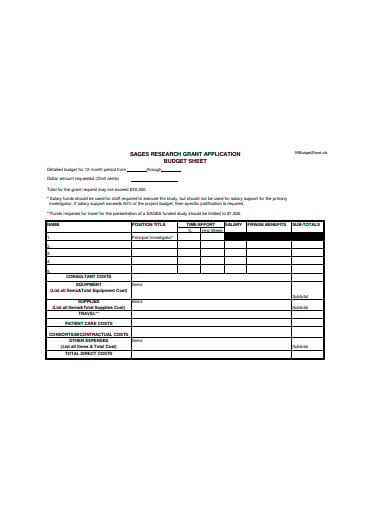 research grant application budget sheet template
