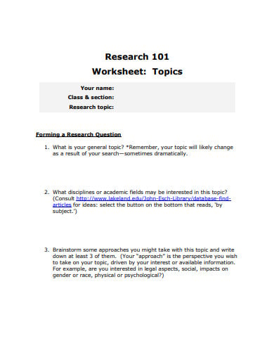 research topic worksheet