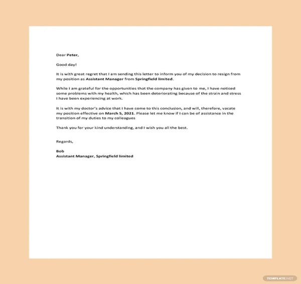 resignation letter template due to health issues