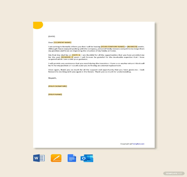 resignation letter for personal family reasons template